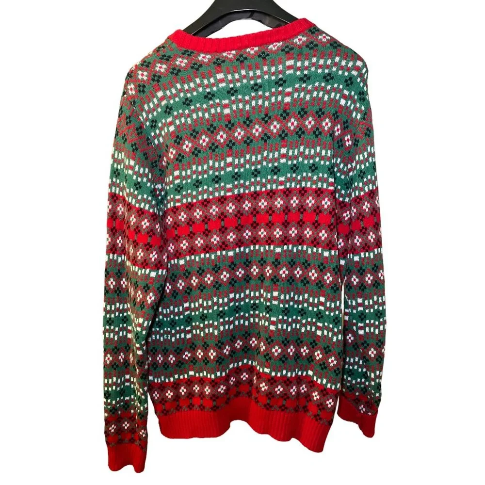 Ugly Christmas Sweater Reindeer Adults Lg Cotton Green/Red Festive Design Pocket - Picture 2 of 7